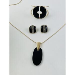 Costume Jewelry Set Black Gold tone 80s Elegant Earrings Necklace Cuff Bracelet
